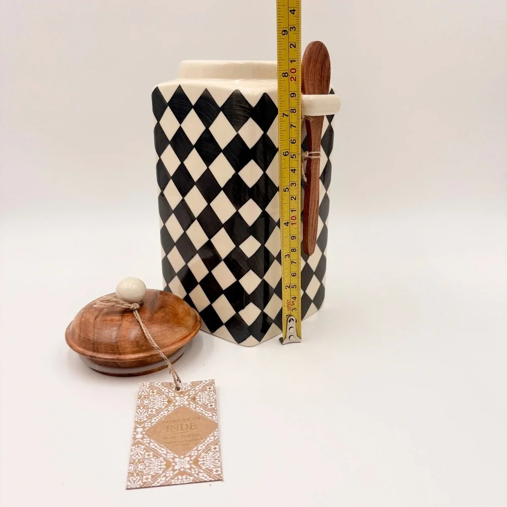 Hand Painted Black White Checkered Ceramic Canister with Wood Lid and Spoon